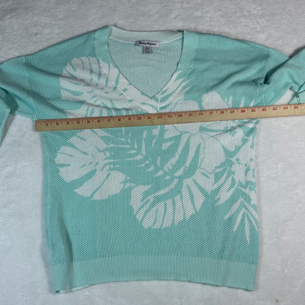 Tommy Bahama Sweater Women Medium Aqua Tropical Leaf Print V-Neck Cotton Knit - Picture 6 of 8